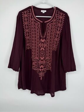 J. Jill Pure Womens Burgundy Boho Cotton Embroidered 3/4 Sleeve Top Size XL